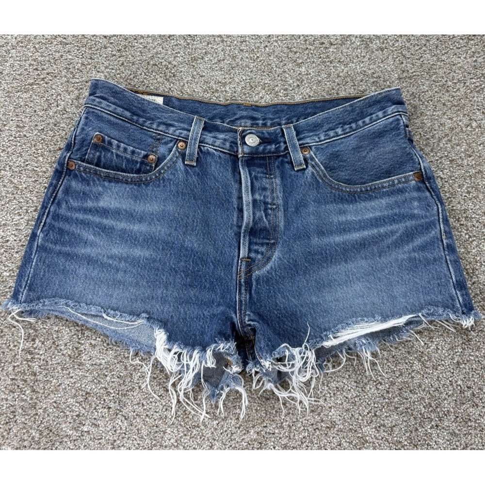 Levi's 501 Premium Shorts Size 27 Blue Indigo Avenue Distressed Button Fly Big E